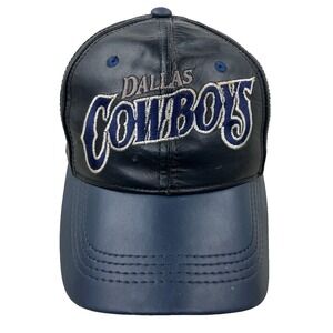 Vintage Dallas Cowboys Leather Snapback Hat Cap Made In USA 90s Black Blue NFL